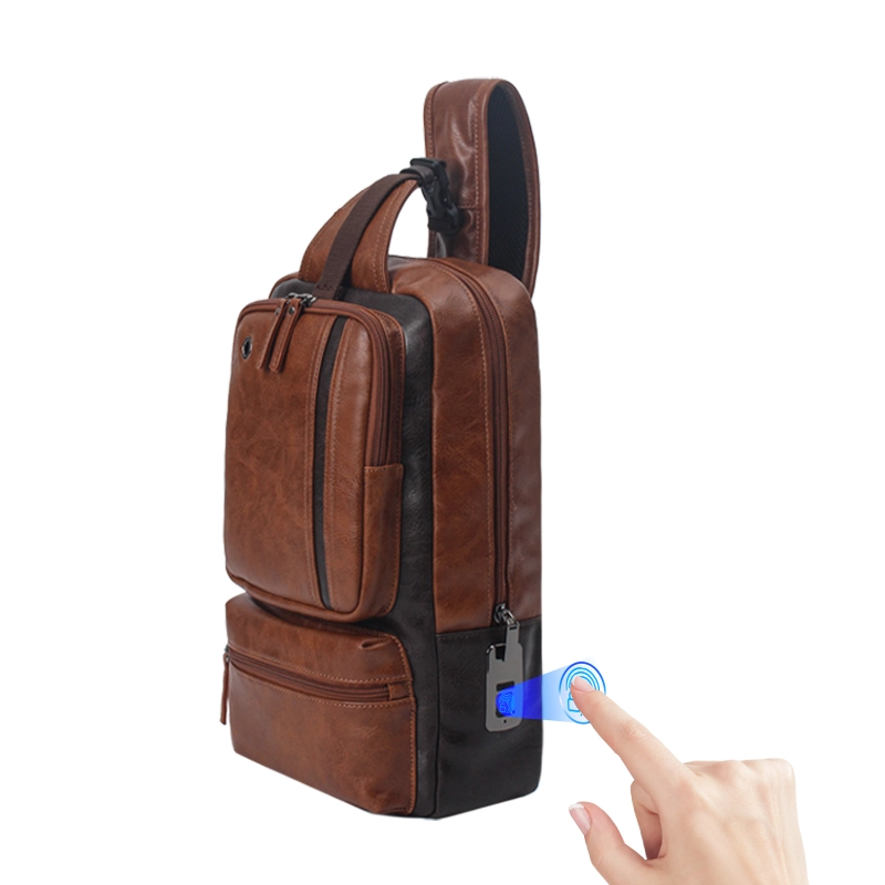 OEM ODM Men's Brown Leather Fingerprint Sling Bag Supplier