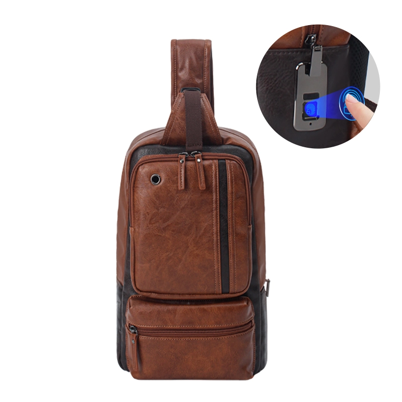 OEM ODM Men's Brown Leather Fingerprint Sling Bag Supplier