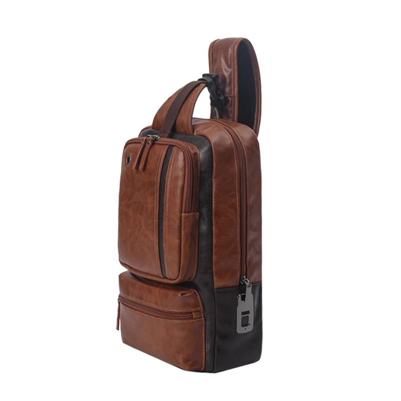 OEM ODM Men's Brown Leather Fingerprint Sling Bag Supplier