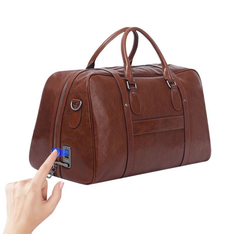 Wholesale Custom Dark Brown Leather Smart Fingerprint Travel Bag Manufacturer