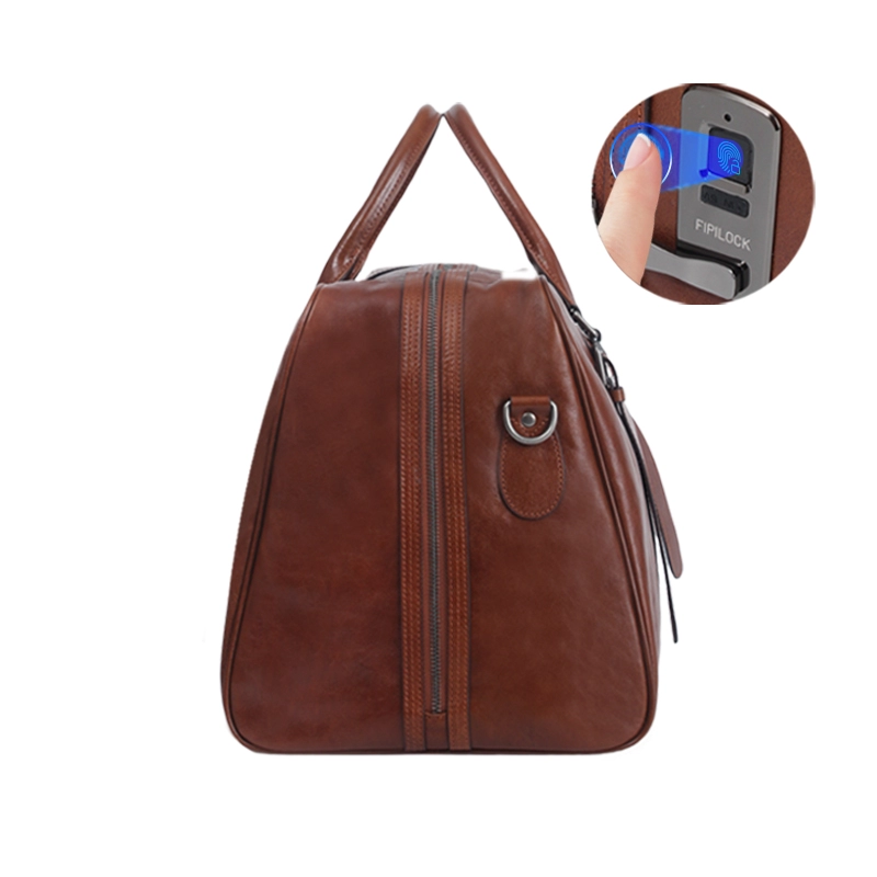 Wholesale Custom Dark Brown Leather Smart Fingerprint Travel Bag Manufacturer