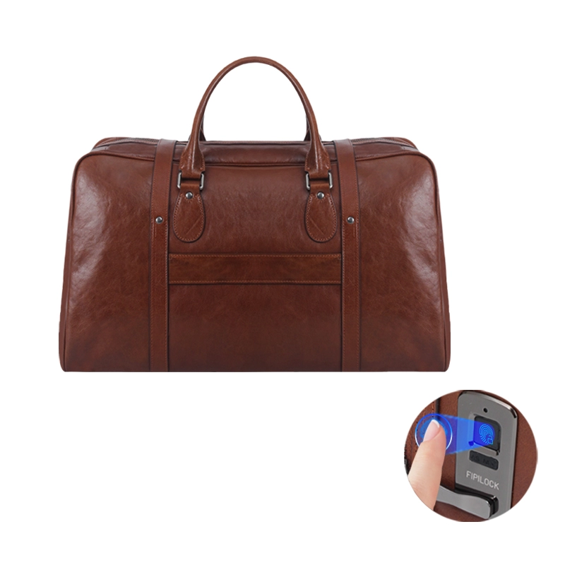 Wholesale Custom Dark Brown Leather Smart Fingerprint Travel Bag Manufacturer