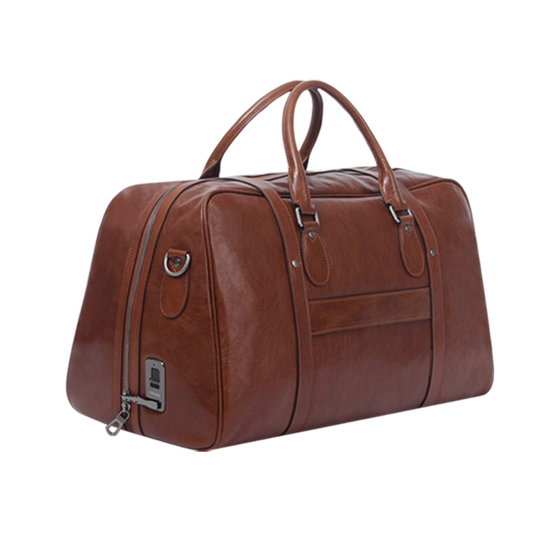 Wholesale Custom Dark Brown Leather Smart Fingerprint Travel Bag Manufacturer