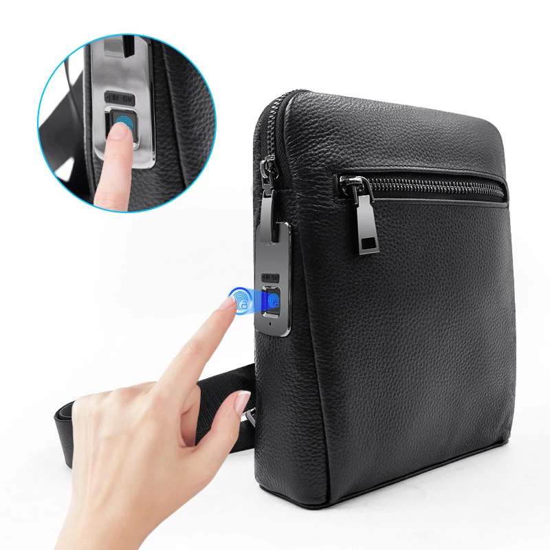 Custom Mens Black Leather One Shoulder Fingerprint Sling Bag Manufacturer