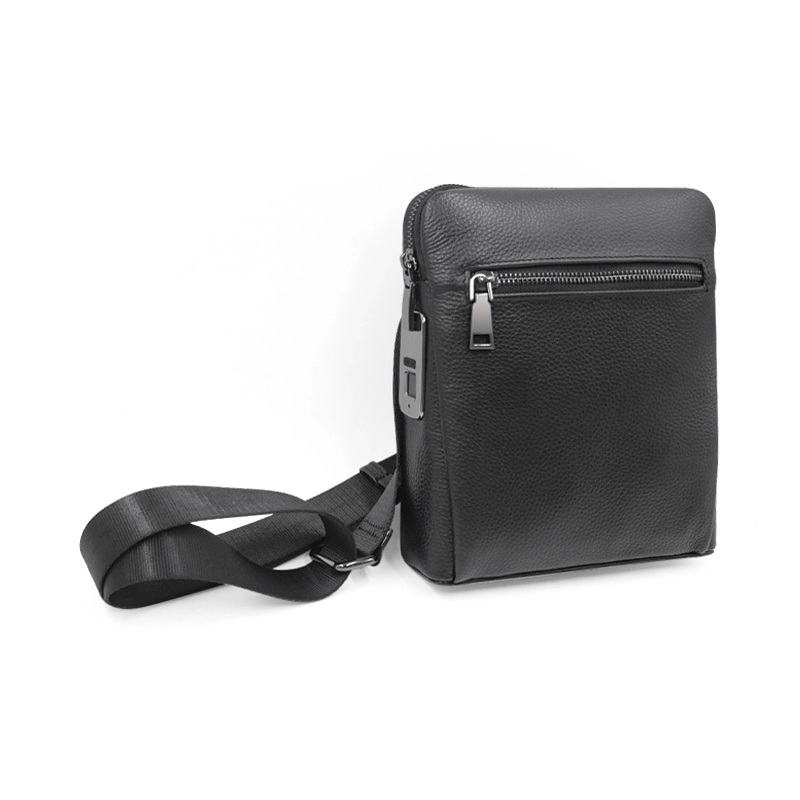 Custom Mens Black Leather One Shoulder Fingerprint Sling Bag Manufacturer