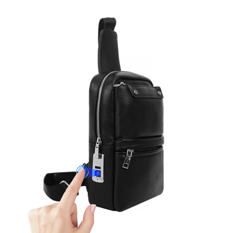 Custom Adjustable Strap Black Leather Fingerprint Lock Sling Bag Manufacturer