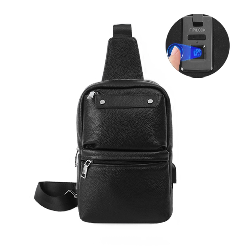 Custom Adjustable Strap Black Leather Fingerprint Lock Sling Bag Manufacturer
