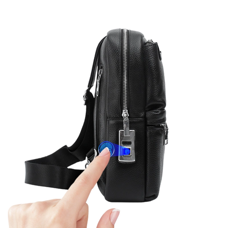 Custom Adjustable Strap Black Leather Fingerprint Lock Sling Bag Manufacturer