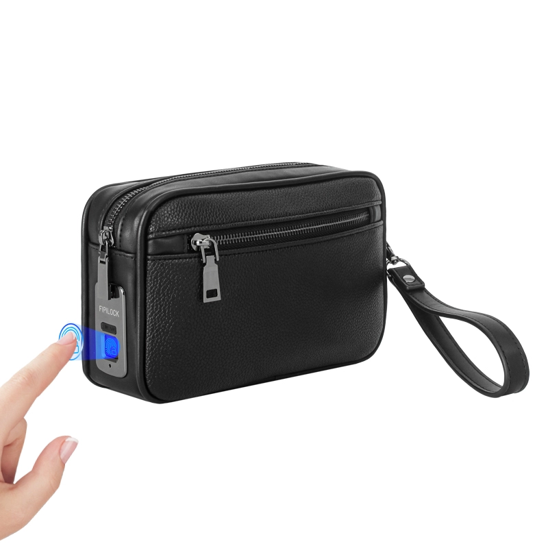 Custom Portable Mens Black Leather Business Fingerprint Clutch Bag Supplier