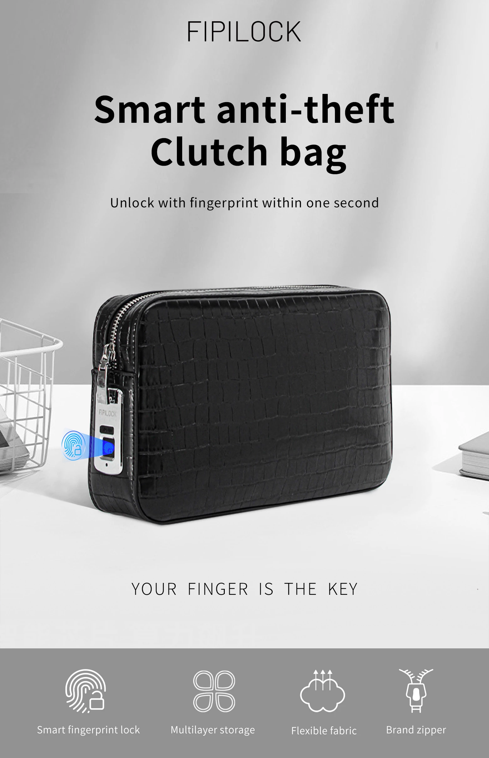 Portable black clutch bag